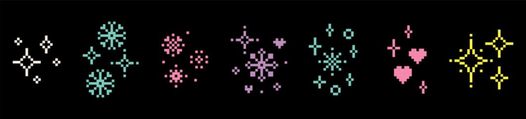 Snowflake, star sparkle in pixel art.  Winter game elements set. Simple geometric Christmas icons. Crystal, heart and star collection. Vector holiday magic pixels bright designs. Black background