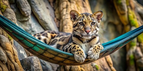 Adorable Young Clouded Leopard Relaxing in a Hammock, Showcasing Its Striking Spotted Coat Against a Rocky Natural Background in Panoramic Photography