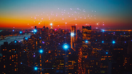 Fototapeta premium Smart digital city with connection cyber security network reciprocity over the cityscape . future smart wireless digital city and social media networking systems that connects people within the city