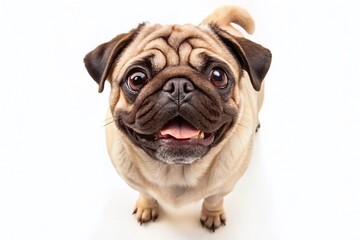 Fototapeta premium Adult Pug Dog Walking Toward the Camera, Looking Up, Isolated on a White Background, Perfect for Pet Lovers and Dog Enthusiasts, Capturing the Playful Nature of Pugs