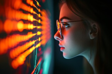 A young woman intently gazes at the computer screen, with digital code reflected in her glasses. This scene embodies cyber security, futuristic technology, and generative AI.