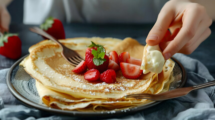 Person eating crepes with filling. Tasty breakfast on gray background.