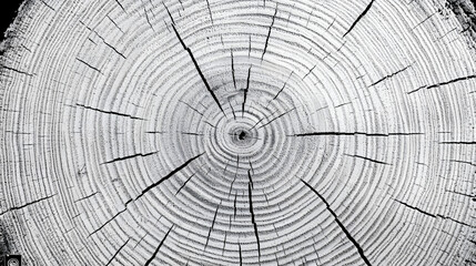 Obraz premium Close-up black and white image of a tree cross-section, revealing intricate concentric rings and radial cracks. The texture is detailed and shows the growth rings clearly.