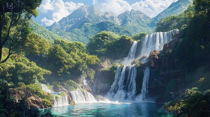 Fototapeta premium A cascading waterfall plunges into a serene pool surrounded by lush greenery and majestic mountains under a bright blue sky.