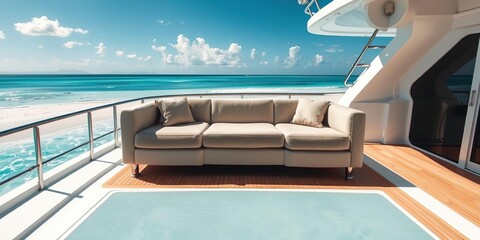 Obraz premium A plush couch positioned on the sun-kissed deck of a luxury yacht overlooking the crystal-clear turquoise ocean and white sandy beach, seaside couch, relaxation space, outdoor furniture