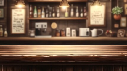 Blurred kitchen interior with wooden desk home background.