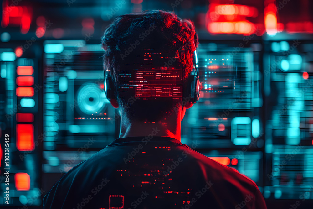 Poster cyberpunk programmer, a futuristic digital realm illustrated with vivid red and blue hues, intense d