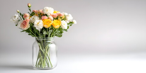 Fototapeta premium Bouquet of delicate spring flowers in a glass vase on a gray background. Congratulatory banner copyspace.