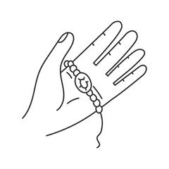 Hand Holding Beaded Bracelet Line Icon. Finger gesture. Open palm showing Handmade charm Jewelry. Outline vector illustration