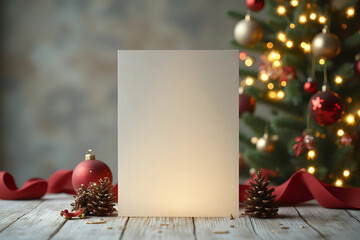Standing blank empty square greeting card mock up before a blurred christmas tree with copy space. For use as a Christmas, background template.
