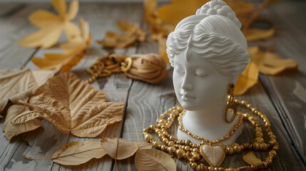 Imitation jewelry, golden bijouterie chain and earrings on leaves on wooden table.