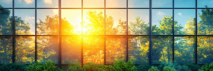 Golden Hour Reflection,  Building Facade Mirrors Sunlit Trees, Creating a Peaceful and Serene Atmosphere.