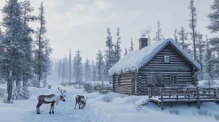Finland a winter cabin retreat in the finnish lapland with reindeer grazing nearby a snowy forest, Ai Generated