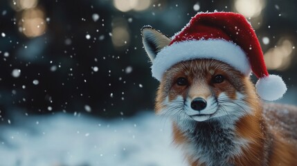 Fox in santa hat on snowy christmas forest background