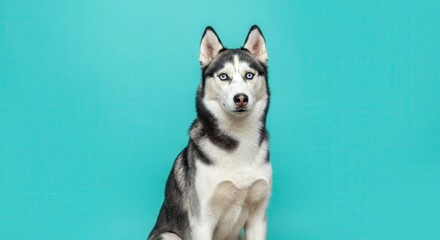 Majestic siberian husky on turquoise background for pet portraits or posters