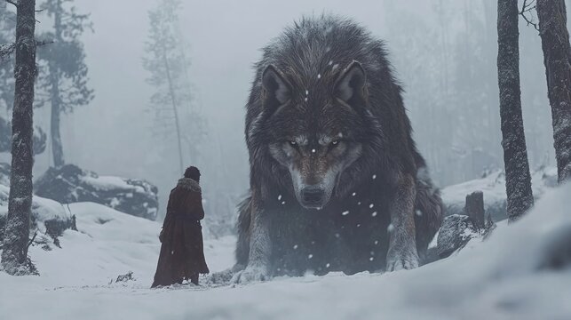 Giant Dire Wolf Confrontation in Snowy Forest