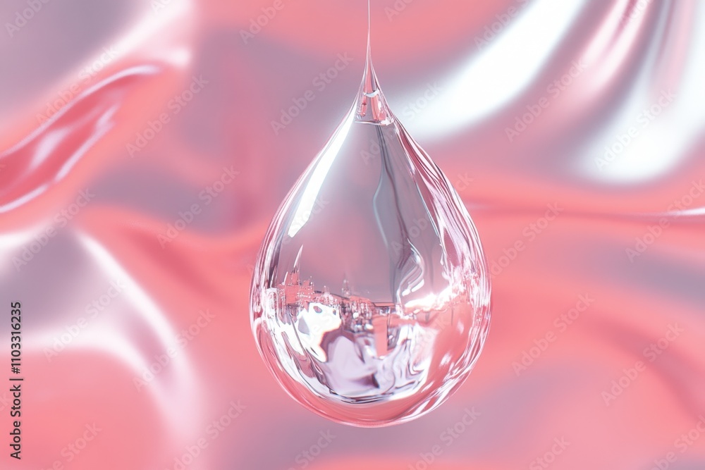 Poster a clear drop of water hangs from a string on a pink background