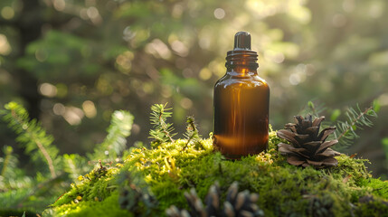 Blank amber glass face serum bottle in moss front view. Decor with moss, dried flowers, saw cut.