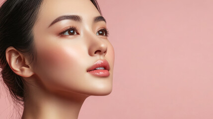 Fototapeta premium Portrait of a Young Woman Against a Soft Pink Background