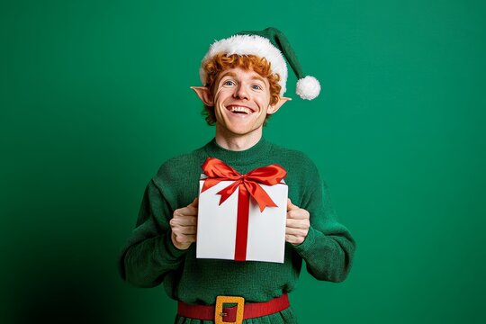The image features an elf helper holding a present, looking sideways towards an empty area, dressed in a green Christmas costume and cap, with a red background.