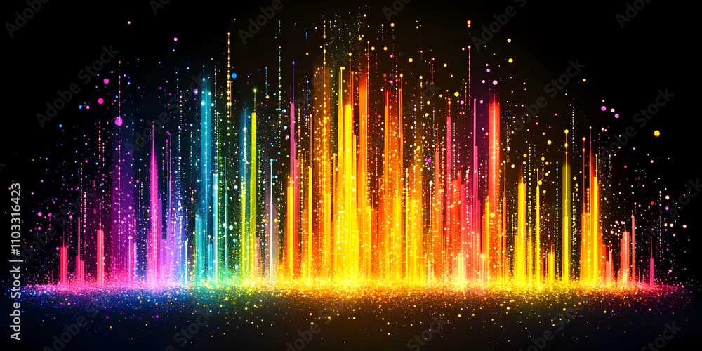 Poster vibrant rainbow light streaks abstract background, a dazzling display of colorful lines and sparklin