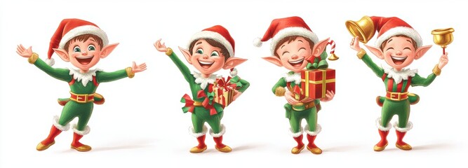 Contemporary 3D illustrations of cheerful Elves from a Christmas set, holding candy canes, gifts, and bells, standing alone on a white background, perfect for a Christmas design collection.