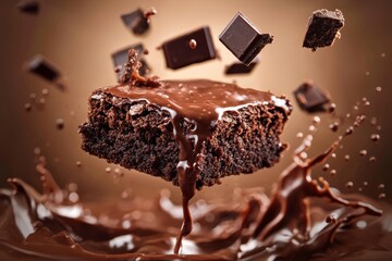 Obraz premium A close-up shot of a chocolate-drenched brownie hitting the table. Stock.