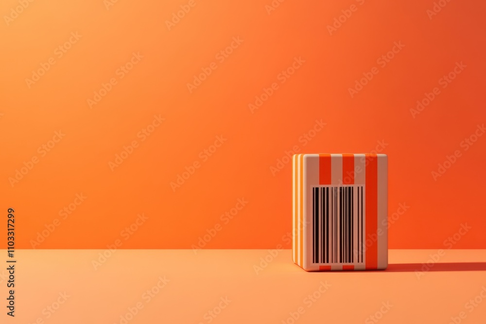Poster a box with a barcode on it is sitting on a table in front of a bright orange wal