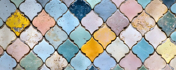 Background of Moroccan ceramic tiles in pastel shades of light blue, light pink and yellow.