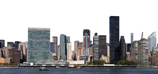 United Nations building with surrounding Manhattan skyline, isolated on a clean white background,...
