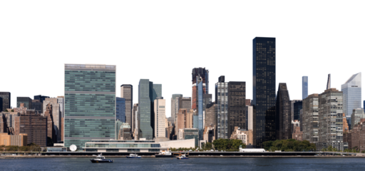United Nations building with surrounding Manhattan skyline, isolated on a clean white background, showcasing modern architectural design