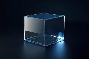 A clear cube sits on a black background