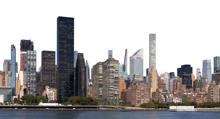 Manhattan skyline with tall skyscrapers, waterfront view, isolated on a white background. Captures urban architecture and cityscape