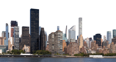 Manhattan skyline with tall skyscrapers, waterfront view, isolated on a white background. Captures urban architecture and cityscape