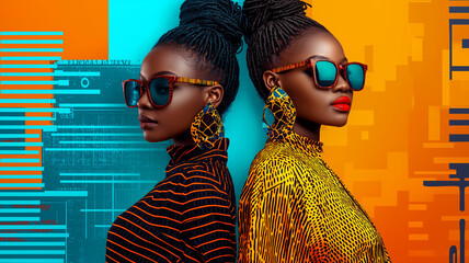 Stylish women in vibrant outfits with sunglasses and bold patterns