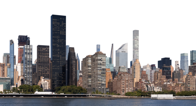 Manhattan skyline with tall skyscrapers, waterfront view, isolated on a white background. Captures urban architecture and cityscape