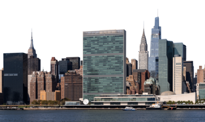 United Nations Headquarters in NYC alongside iconic Manhattan skyline, isolated on a white background. Urban cityscape concept