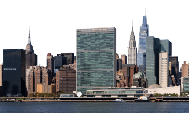United Nations Headquarters in NYC alongside iconic Manhattan skyline, isolated on a white background. Urban cityscape concept