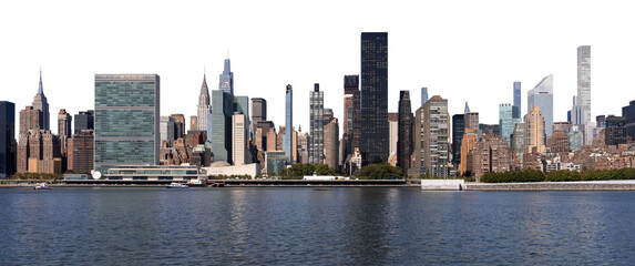 Manhattan skyline with United Nations building and skyscrapers, isolated on white background,...