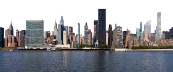 Manhattan skyline with United Nations building and skyscrapers, isolated on white background, featuring waterfront, concept of urban architecture