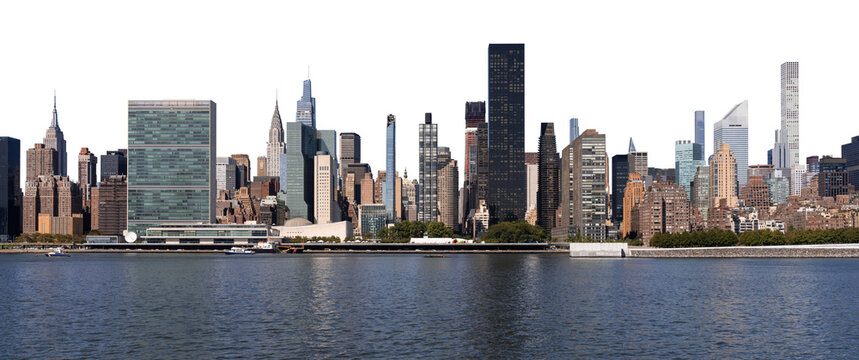 Manhattan skyline with United Nations building and skyscrapers, isolated on white background, featuring waterfront, concept of urban architecture