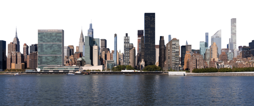 Manhattan skyline with United Nations building and skyscrapers, isolated on white background, featuring waterfront, concept of urban architecture
