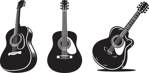 Acoustic Guitar Silhouette Set, A trio of classic acoustic guitars in a minimalist black and white silhouette, perfect for music and design projects.  