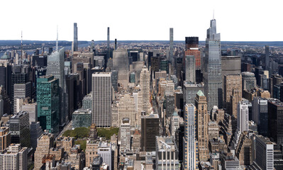 Panoramic view of Manhattan skyscrapers, isolated on a white background. NYC cityscape, urban architecture, clear and clean design concept