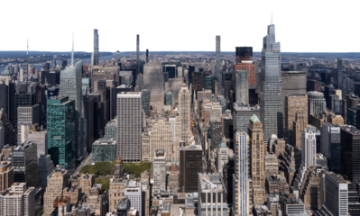 Panoramic view of Manhattan skyscrapers, isolated on a white background. NYC cityscape, urban architecture, clear and clean design concept