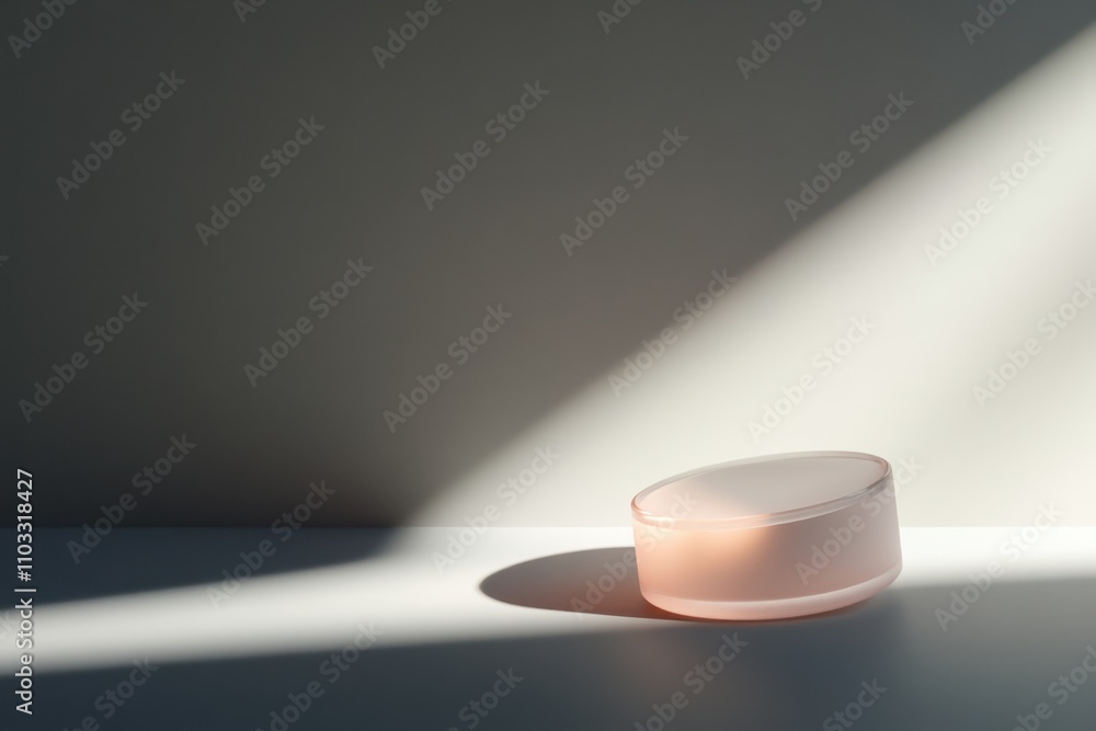 Poster a small pink object sits on a table in front of a wall