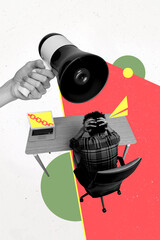 Vertical photo collage of sad man employee sit workplace chair broke chain laptop hand hold...
