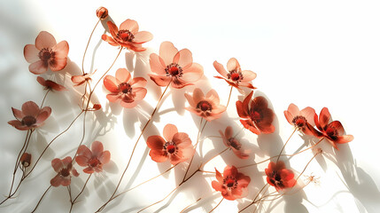 Shadow of flowers on white background. Sun day. Overlay, copy space.