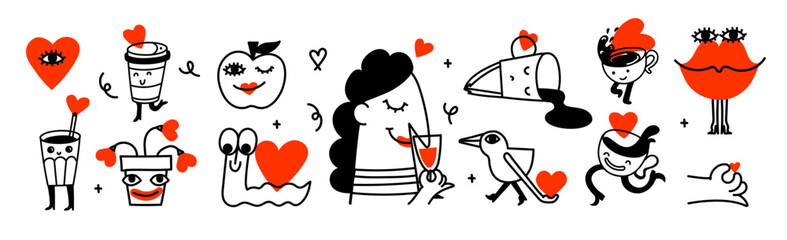 Vector valentine doodle logos design template set and graphic elements for advertising, branding, posters and banners. Funny cartoon illustration with smiling characters and mascots with hearts