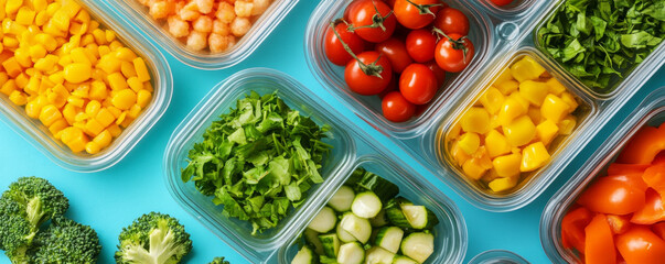 Assorted Fresh Vegetables in Transparent Meal Prep Containers on Blue